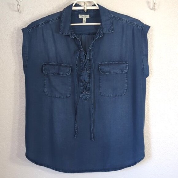 Jessica Simpson 1X Isabelle Shirt Dark Blue Lace Up Pockets Short Sleeves - Picture 5 of 8